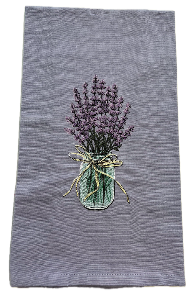 Lavender Flowers in Country Jar on Purple Tea Towel